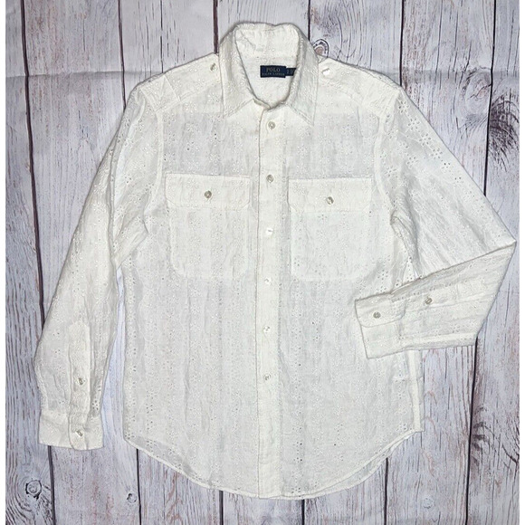 Polo Ralph Lauren Women's White Eyelet Floral Sheer Button Up Top Size SP - Picture 3 of 10